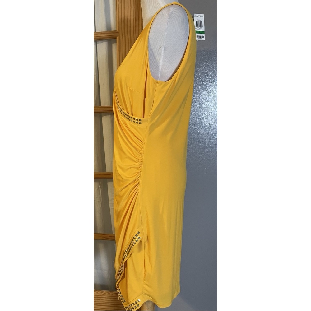 Thalia Sodi Studded Faux Wrap Dress L Yellow Gold Side Ruched  Slanted Hem Party - Picture 3 of 16